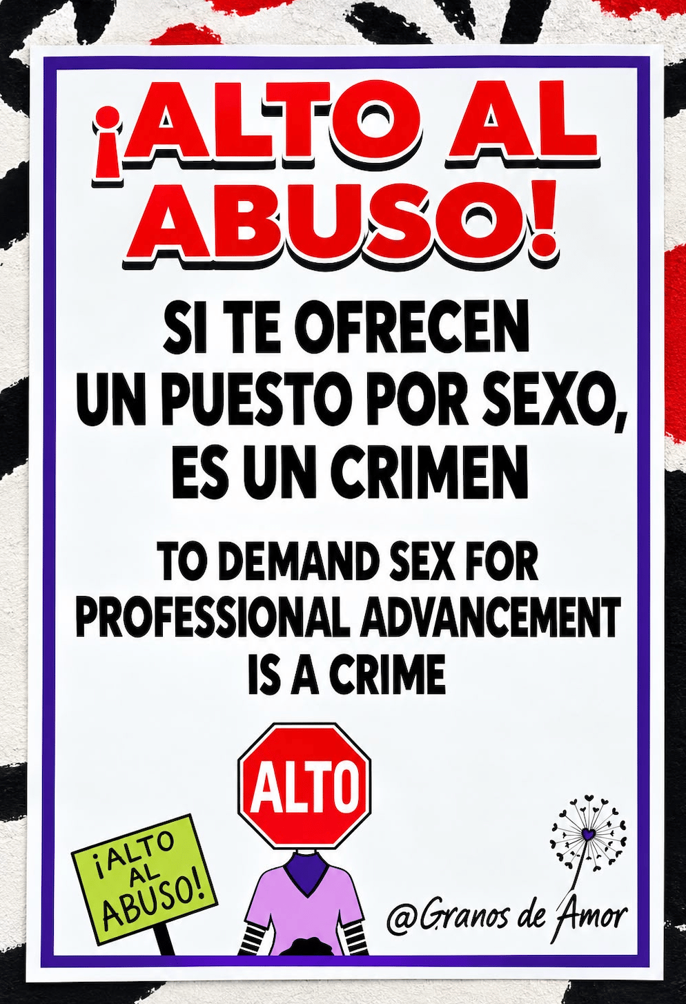 Spanish anti-harassment poster with bold abuse-prevention text, stop-sign character, and @Granos de Amor branding.